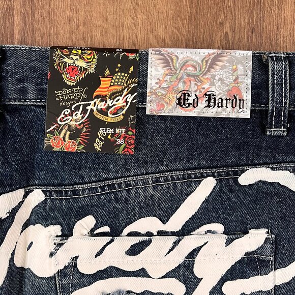 NEW Ed Hardy NYC Skull Snake Eagle Tattoo Slim Fit Distressed Jeans - Picture 7 of 13